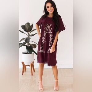 Mikarose|Deep Plum floral embroidered shift dress,size large•MODEST style & Boho